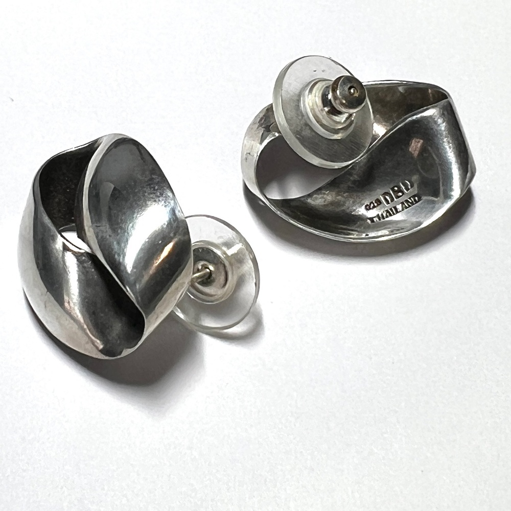 MidCentury Eternity Silver Earrings - 925 Abstract Endless Ribbon Post Earrings - Picture 9 of 9